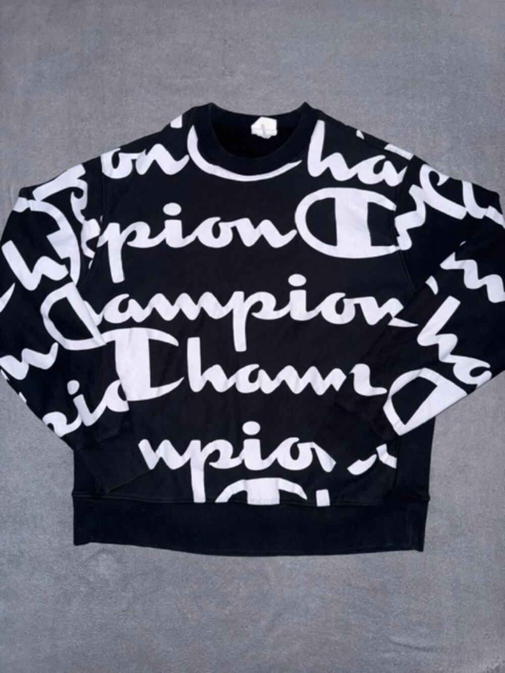 Champion Reverse Weave Sweatshirt Men’s 2XL Black All Over Script Logo Pullover
